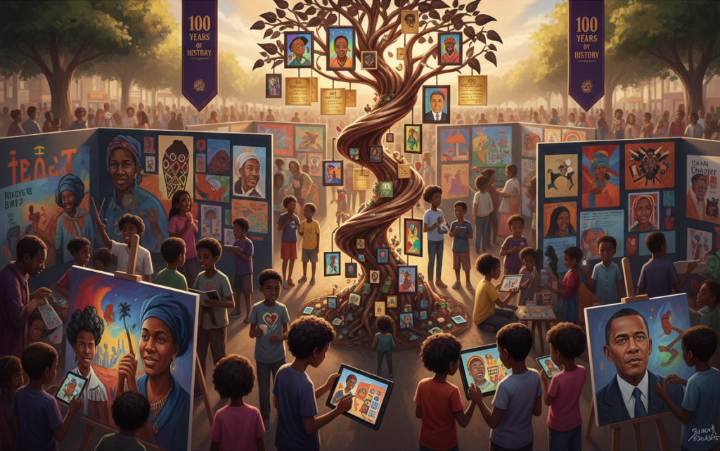 A animated display of a community with children at an art show.